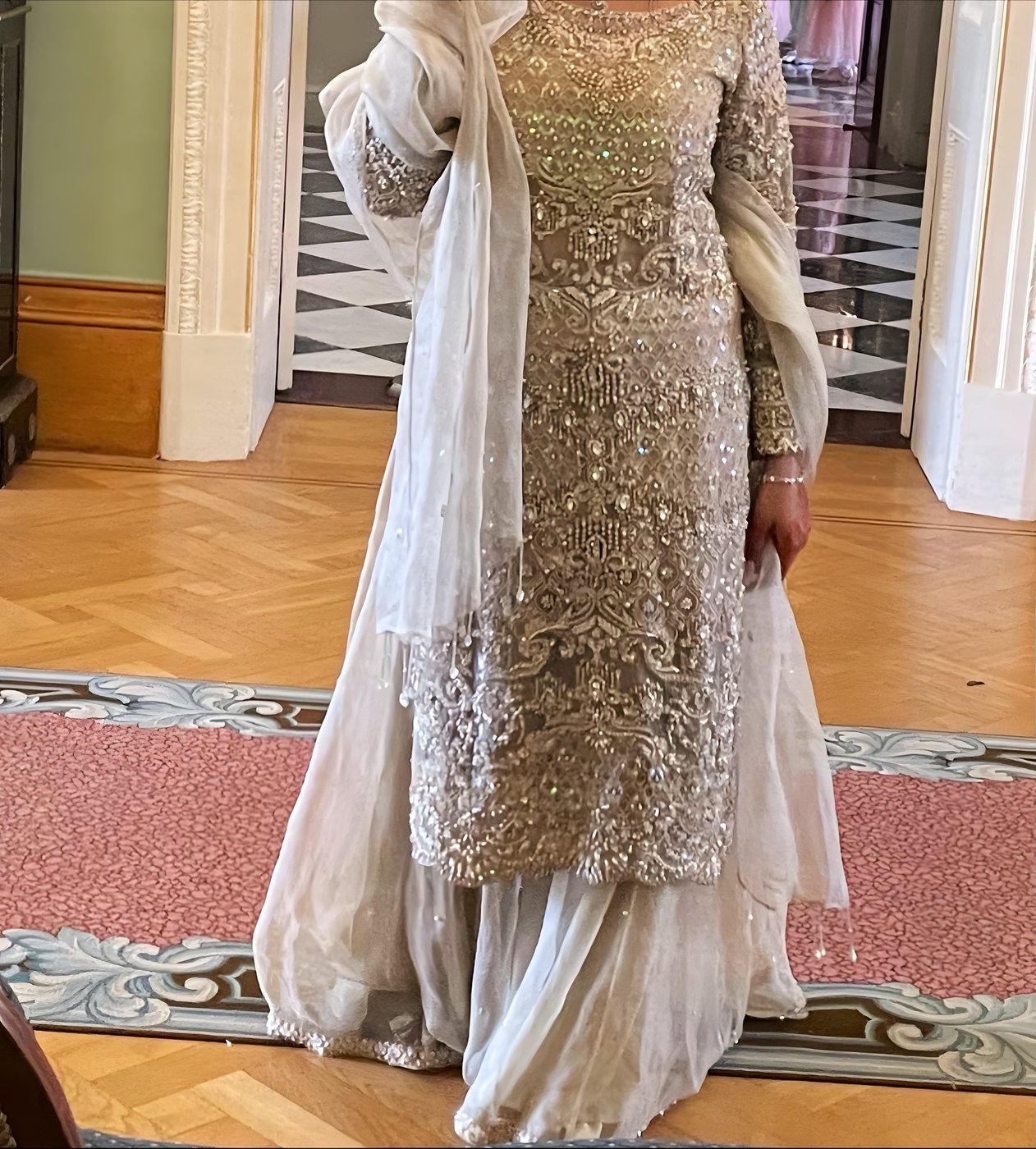 Cream and gold pearl-embroidered formal kurta with matching dupatta